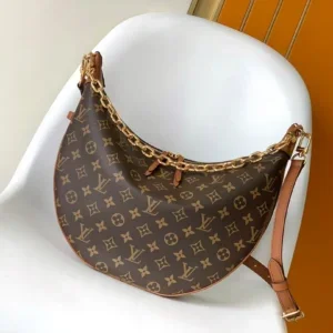 Louis Vuitton Loop Hobo bag front view in Monogram coated canvas with curved hobo silhouette and gold-tone zipper