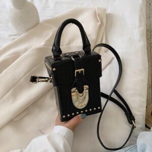 Black Croc Embossed Mini Box Bag for Women