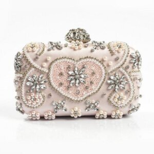 Pink Beaded Heart-Detail Evening Bag