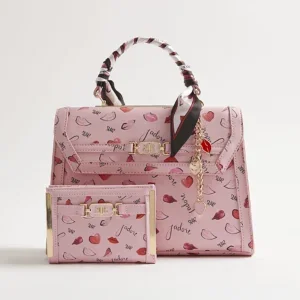 Pink heart print structured handbag and matching wallet set for women fashion accessory