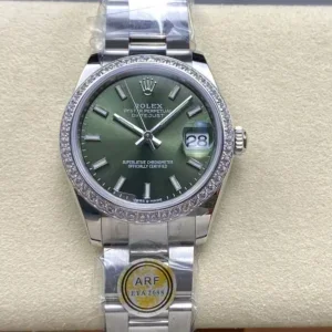 Rolex Datejust green dial watch with diamond bezel and stainless steel bracelet