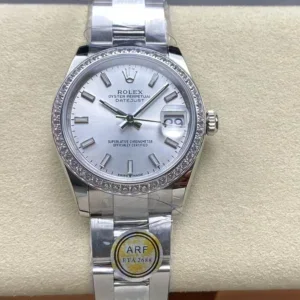 Rolex Datejust silver dial watch with diamond bezel and stainless steel bracelet