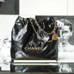 Chanel 22 Medium Bag in shiny black calfskin with braided chain strap front view