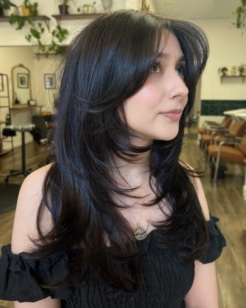 Jet Black Wolf Cut With Wispy Curtain Fringe